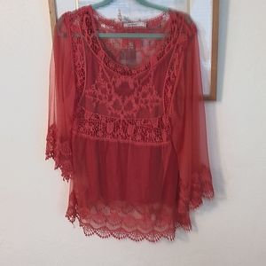 Le Dor Women's Elegant Sheer Red Lace Tunic Blouse Size L $7